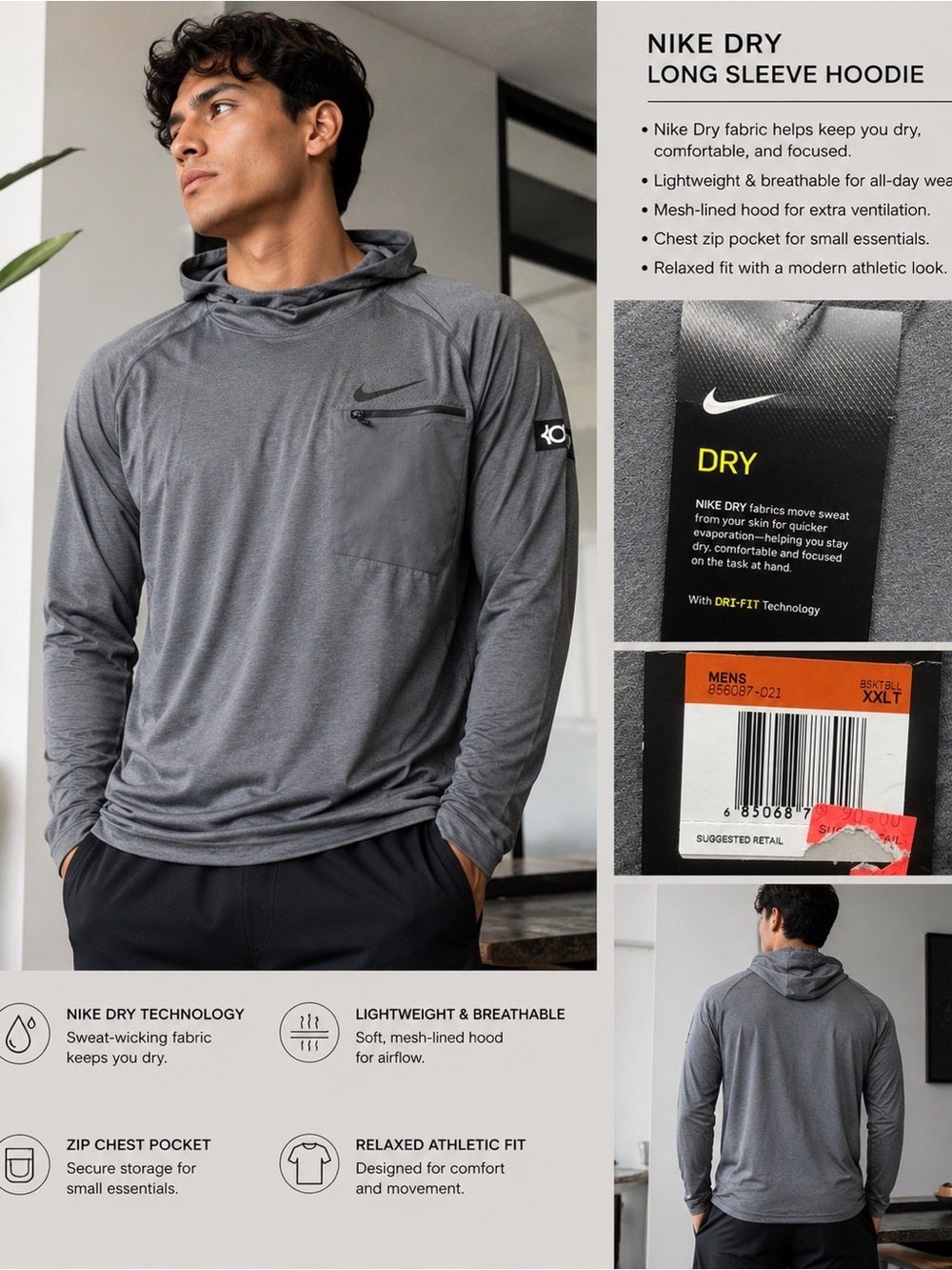 Men's Gray Cowl Neck Shirt - Nike